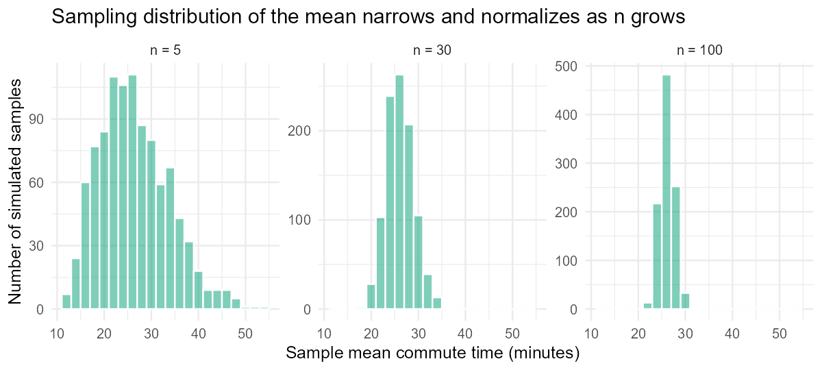 Three histograms of simulated sample means side by side, one panel per sample size (n = 5, n = 30, n = 100), each from 1000 simulated samples of commute time. The n = 5 panel is widest and still slightly right-skewed, spanning roughly 10 to 50 minutes. The n = 30 panel is narrower and closer to symmetric, spanning roughly 18 to 35 minutes. The n = 100 panel is narrowest and most bell-shaped, tightly clustered around 22 to 30 minutes.