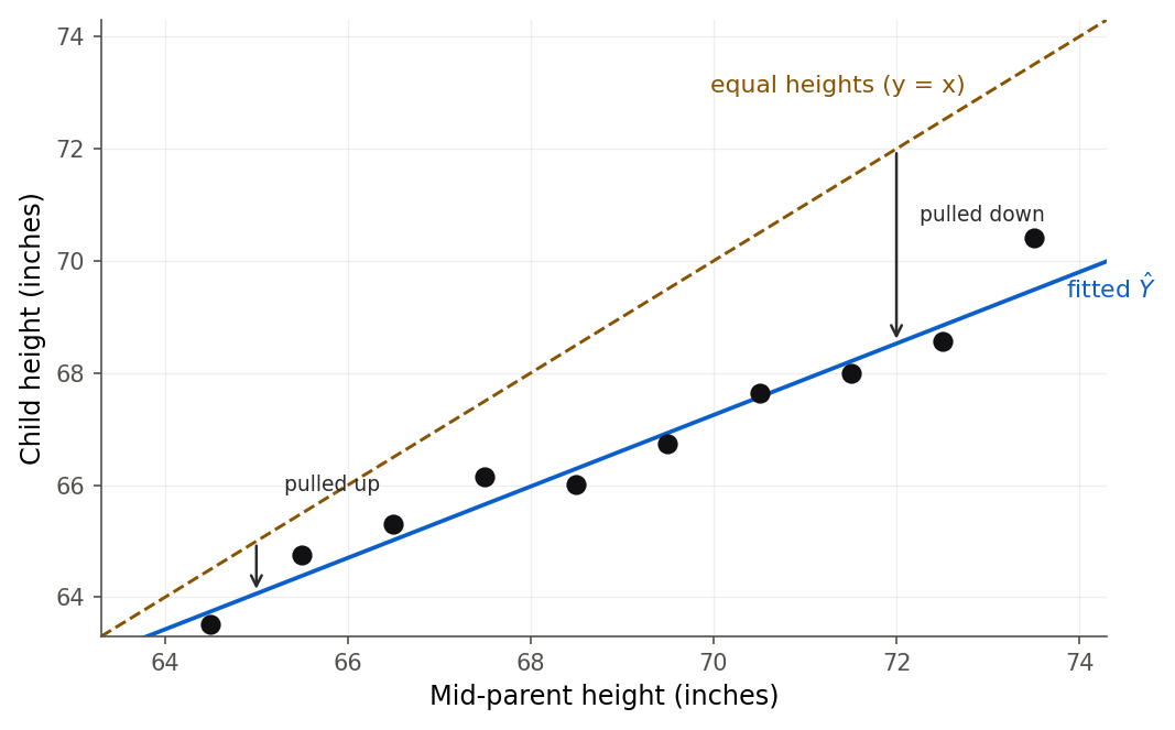 A plot of average child height per mid-parent height bin against the bin center, with the equal-heights line y equals x dashed in red above the points and the least-squares line in blue through them. Arrows at the extremes show tall-parent bins pulled down toward the mean and short-parent bins pulled up.