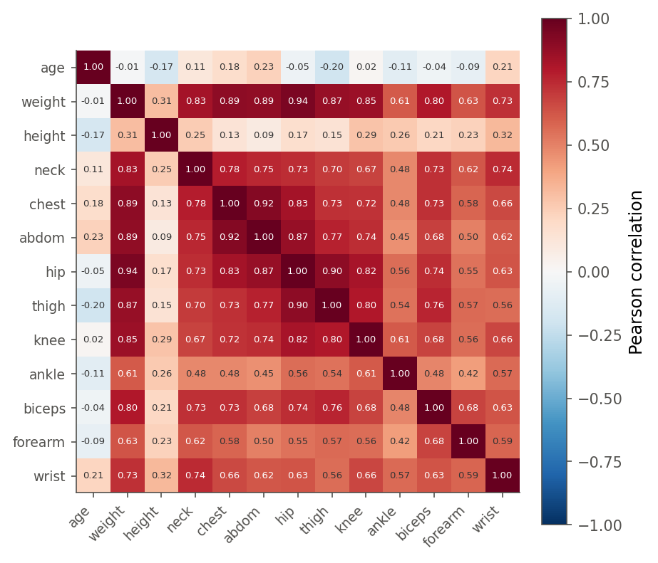 A 13 by 13 correlation heatmap of the body-fat predictors. Most off-diagonal cells among the girth measurements (weight, chest, abdomen, hip, thigh, knee, biceps) are deep red, with correlations from about 0.7 to 0.94, while age and height are pale, nearly uncorrelated with the rest.